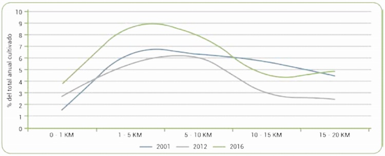 Distribuci�n de cultivos de coca seg�n distancia a una frontera, 2001 - 2012 - 2016